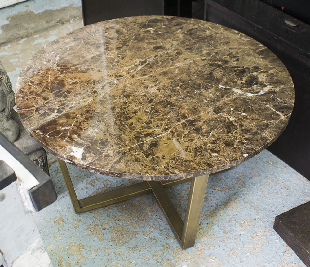 LOW TABLE, circular with marble top on metal base, 80cm diam. x 45cm H.