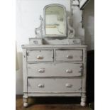 DRESSING CHEST, Victorian and later distress grey painted with mirror above six drawers,