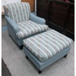 ARMCHAIR, Howard style in striped floral fabric on turned supports, 80cm W plus matching footstool.