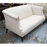 SOFA, two seater, in neutral fabric on square supports, 181cm L x 110cm W x 55cm D.