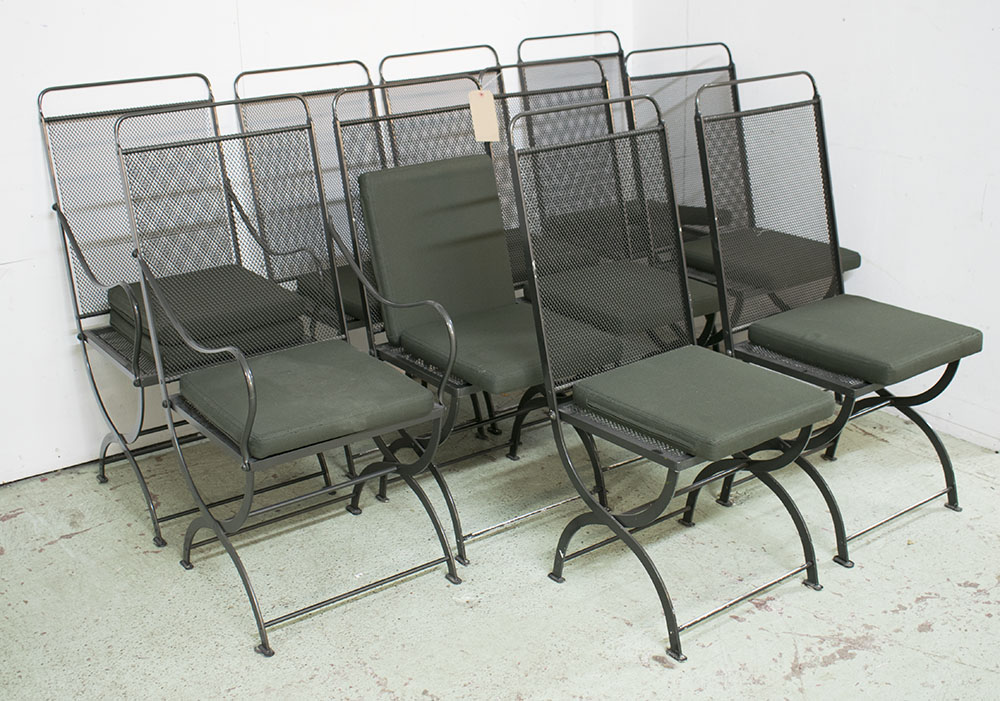 GARDEN CHAIRS, a set of ten, including two carvers, in black metal folding with cushions, 41cm W.