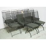 GARDEN CHAIRS, a set of ten, including two carvers, in black metal folding with cushions, 41cm W.