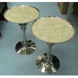 SIDE TABLES, a pair, circular on chromed metal supports, 41cm diam. x 48cm H.