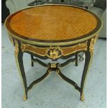 CENTRE TABLE, Louis XV style parquetry with circular top and brass mounts, 89cm diam x 79cm H.