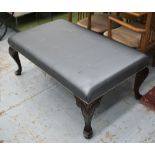 FOOTSTOOL, in blue pocketed leather on cabriole supports, 120cm x 70cm x 48cm H.