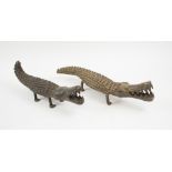 TRIBAL ARTS, two bronze crocodiles, Bobo people, Burkina Faso, 32cm L and 39cm L.