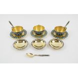 RUSSIAN TEAWARES, hallmarked silver gilt and coloured enamels,
