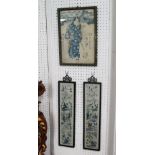 JAPANESE SILKS, a pair, framed and glazed, 52cm x 13cm, plus another, 38cm x 27cm.