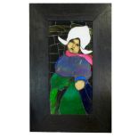 STAINED GLASS PANEL, vintage stained and coloured glass depiction of Dutch girl in costume,