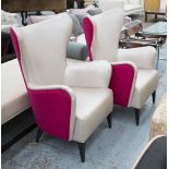 WING BACK CHAIRS, a pair, with silvered upholstery and contrasting pink felt backs,