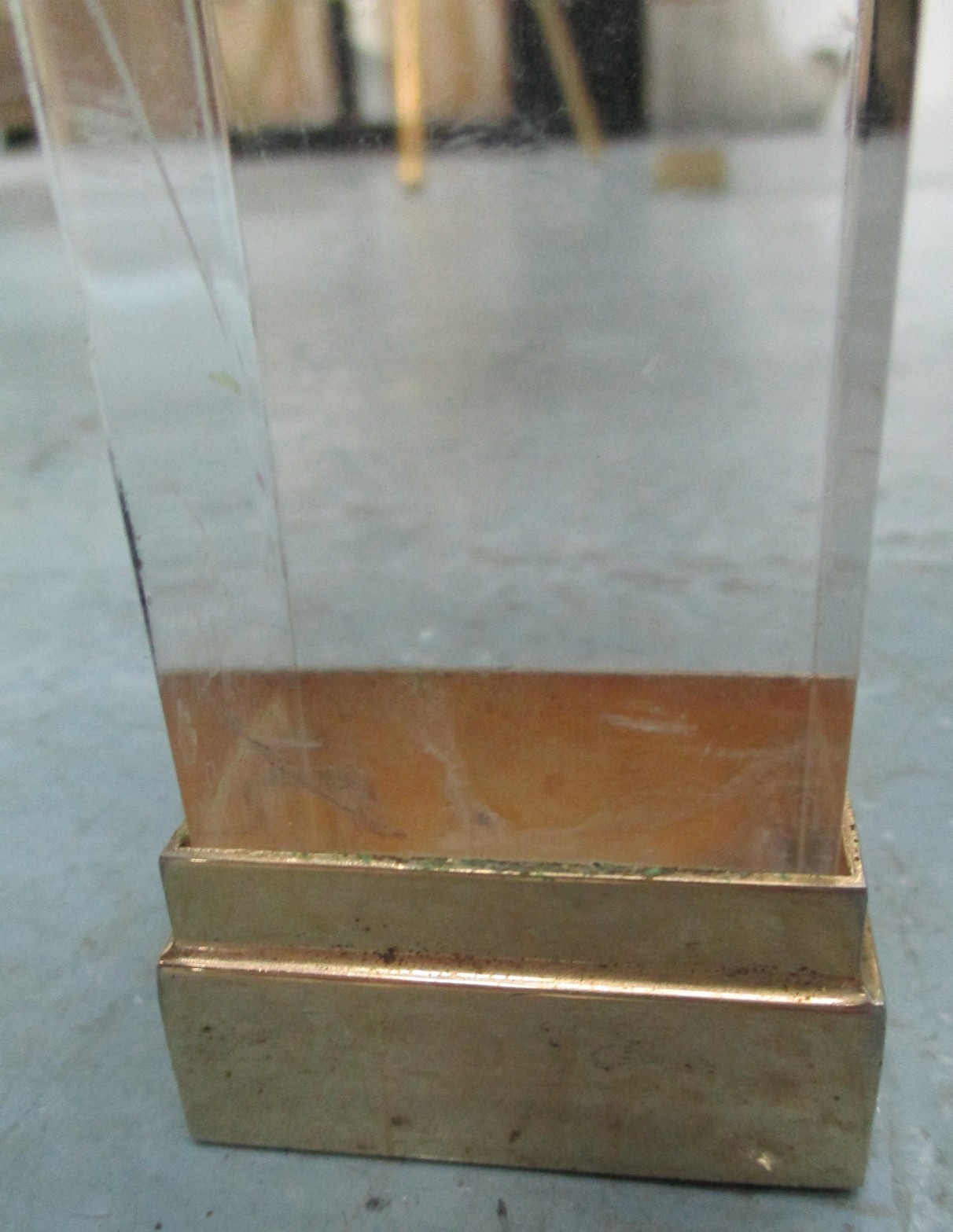 OCCASIONAL TABLE, by Pierre Vandel, with glass top on brass effect frame with lucite sections, - Image 5 of 9