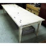 FARMHOUSE TABLE, distressed cream painted with rectangular top and pierced frieze,