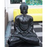 BUDDHA, seated in black resin, 80cm H.
