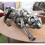 ENGINE PART SCULPTURE, of a panther, 66cm L x 21cm H.