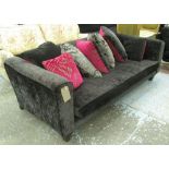 JOHN SANKEY SOFA, two seater, in black fabric on block supports with seven scatter cushions,