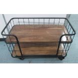 INDUSTRIAL TROLLEY TABLE, on four wheels, metal frames with polished wooden shelves,