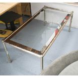 LOW TABLE, the glass top with a mirrored border on a polished metal bamboo inspired base,