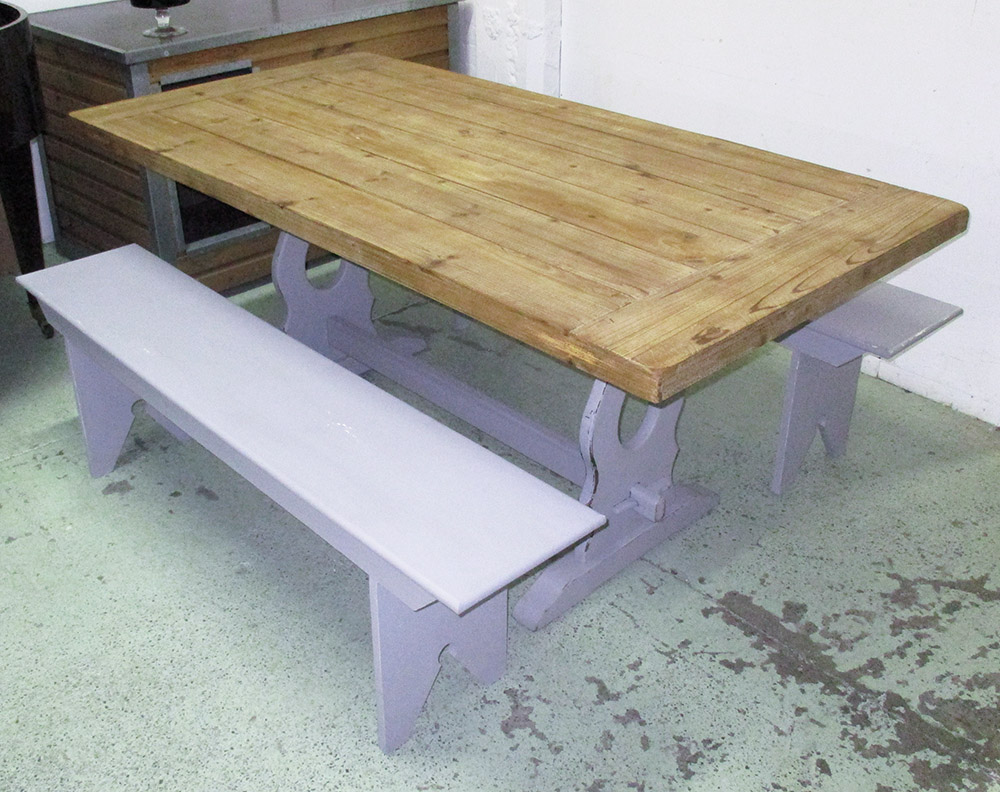 DINING TABLE, with grey painted base, 180cm L x 90cm x 78cm H with two benches to match.