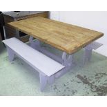 DINING TABLE, with grey painted base, 180cm L x 90cm x 78cm H with two benches to match.