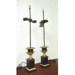 TABLE LAMPS, a pair, Empire style, twin branch on bronze and gilded base, 86cm H,