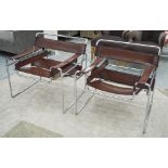 WASSILY ARMCHAIRS, two vintage stitched leaf brown hide on chrome tubular frame, 78cm W.