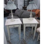 BEDSIDE TABLES, a pair, with drawer below, in cream with blue detail, 47cm x 41cm x 74cm H,