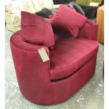 CURVED SOFA/LOVE SEAT, in burgundy furry fabric, 132cm W x 78cm H x 84cm D.