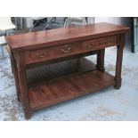 CONSOLE TABLE, with two drawers and slatted shelf below on square supports, 135cm x 46cm x 81cm H.