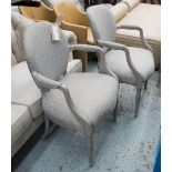 OPEN ARMCHAIRS, a pair, in grey and gold patterned fabric on turned supports, 63cm W.