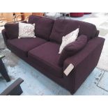 SOFA, two seater, in a deep purple on square supports plus two cushions, 200cm L.