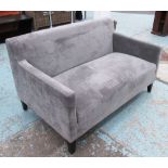 SOFA, two seater, in grey fabric on square ebonised supports, 132cm L.