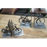 BICYCLE BOOK ENDS, two matching pairs metal art work polished finish British made, largest 27cm H,