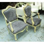 OPEN ARMCHAIRS, a pair, French style in grey fabric on an ornate distressed painted frame, 68cm W.