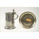 NORWEGIAN PEWTER LIDDED TANKARD, with embossed handle, 19.75cm H max.