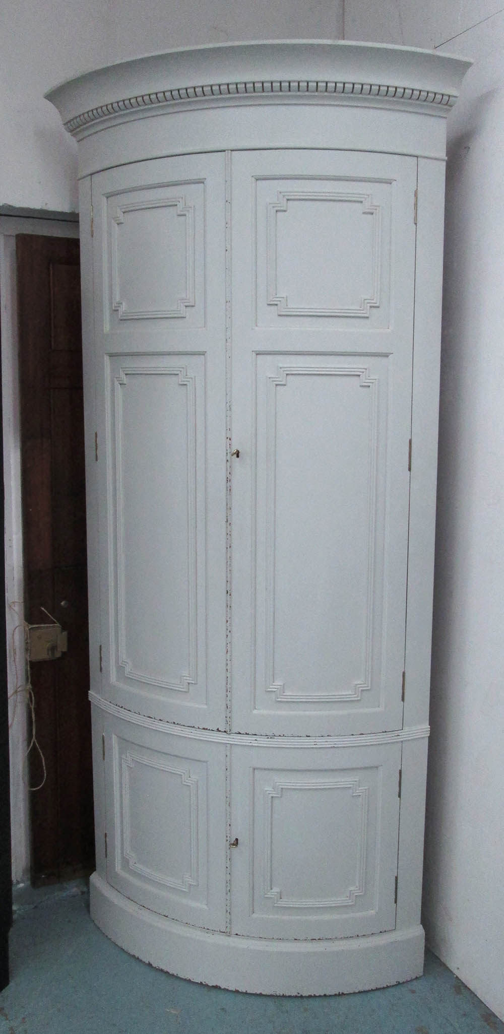 CORNER CUPBOARD, by Chalon, distressed painted finish with internal shelves, 76cm x 76cm x 231cm H.