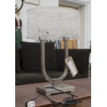 TABLE LAMP, contemporary, two branch with frosted glass shade on brushed metal base, 54cm H.