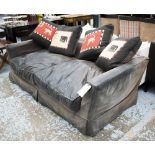 SOFA BED, two seater, in faux black leather and loose covers, 209cm W.