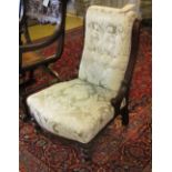 NURSING CHAIR, in mahogany with light blue floral fabric on turned supports, 59cm W.