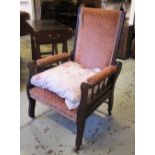 RECLINING CAMPAIGN CHAIR, in red patterned fabric, 68cm W.