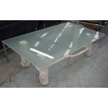 LOW TABLE, rounded rectangular footed glass with white naturalistic rustic joined support,