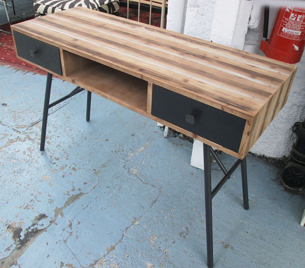 DESK, with two drawers and shelf below on metal supports, 120cm x 40cm x 75cm H.