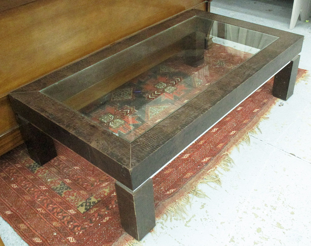 OCCASIONAL TABLE, with glass inset on a faux crocodile skin frame on square supports,