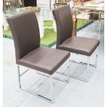 CONTEMPORARY DINING CHAIRS, a set of six, in dark brown faux leather on chromed metal supports,