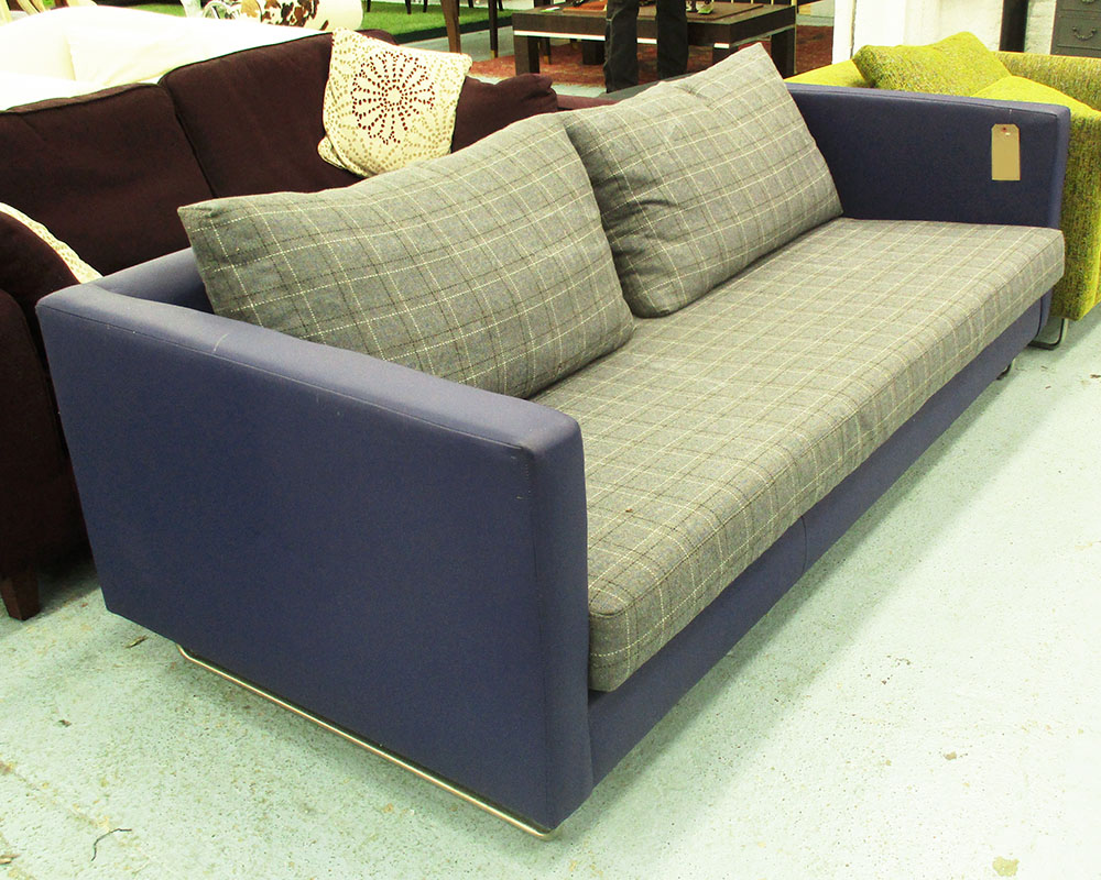 SOFA, contemporary, two seater, in Prussian blue with statement grey chequered fabric accents,