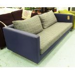 SOFA, contemporary, two seater, in Prussian blue with statement grey chequered fabric accents,