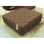 FOOTSTOOL, large, buttoned, in brown on short turned feet, 100cm square x 37cm H.