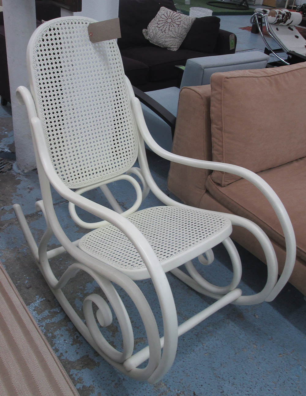 ROCKING CHAIR, In the style of Thonet white painted with caned seat and back, 50cm W.