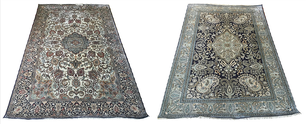 KASHMIR SILK RUGS, two examples in the Persian style, largest 198cm x 123cm.