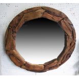 DRIFTWOOD ROUND WALL MIRROR, natural wood bevelled plate wall hangings attached, 91cm diam.