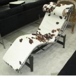 LE CORBUSIER STYLE LOUNGER, in cowhide on chromed metal support with black metal base, 170cm L.